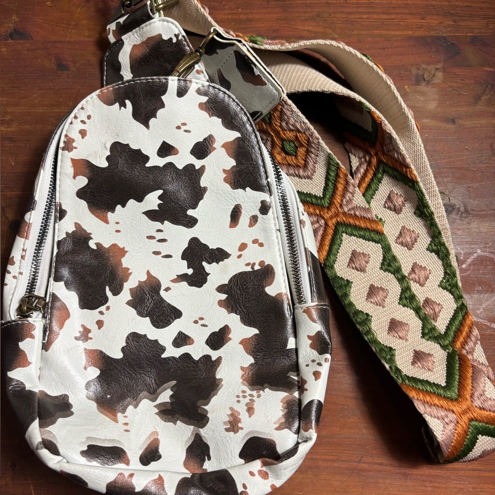 Cow Print Women's Bag with Patterned Strap